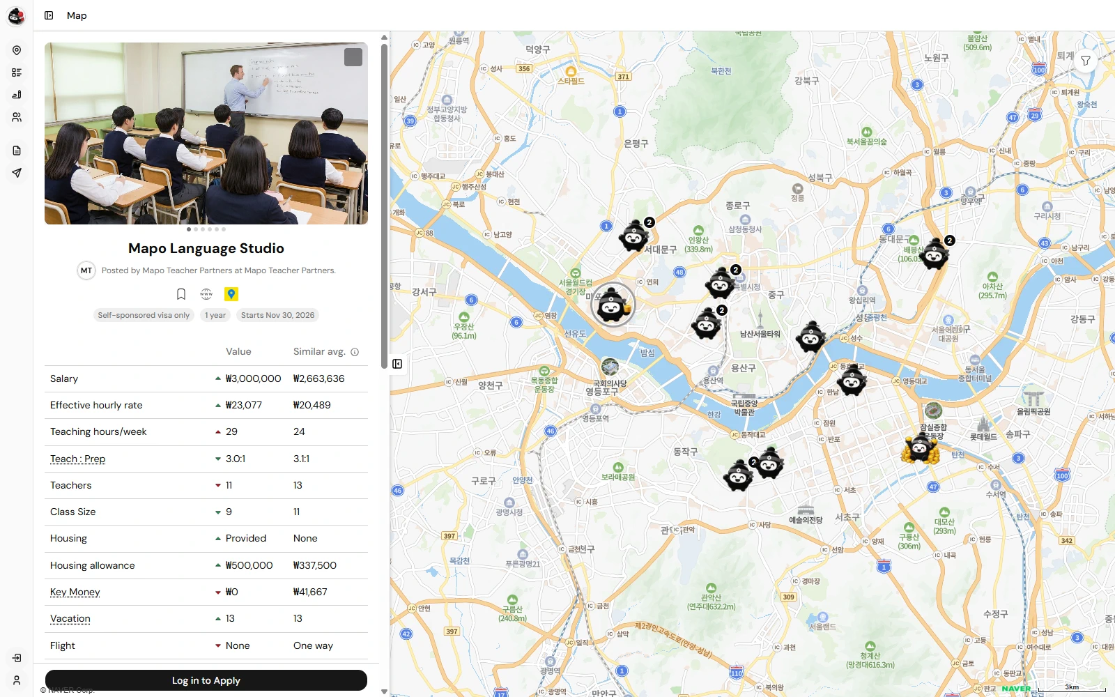 The real jobs map with Seoul openings and a selected job detail panel