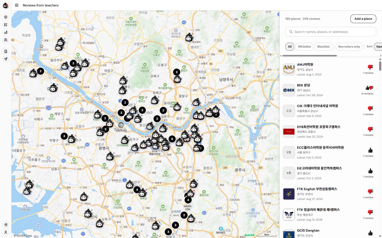 The real Academy Reviews workspace with academy locations and teacher reviews